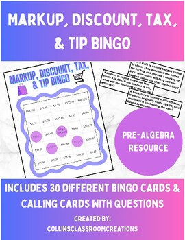 Preview of Markup, Discount, Tax, & Tip BINGO | 30 Unique Bingo Cards Included w Purchase!