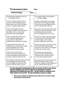 Preview of Marlowe & Raleigh ~ Passionate Shepherd Poem Pairing Worksheet