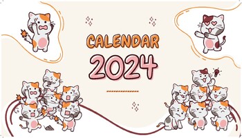 Preview of Maroon Yellow and White Cute Cat Illustrated Calender 2024 Calendar PDF