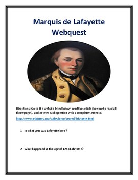 Preview of Marquis de Lafayette Webquest With Answer Key!