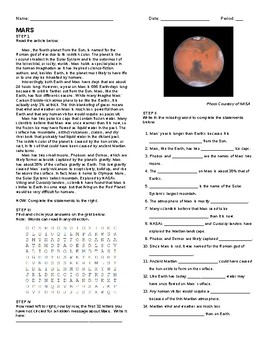 Preview of Mars- Article, Questions, Wordsearch, and Hidden Message!