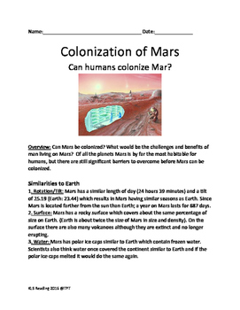 Preview of Mars - Colonization Lesson Travel to Mars? Colony on Mars? The Martian