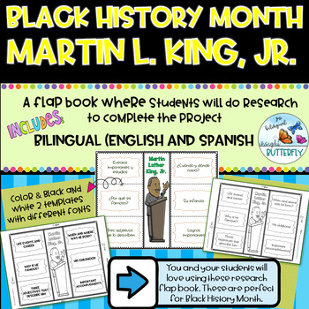 Preview of Martin L King, Jr Writing Flap Book Bilingual Biography Report Bulletin Board
