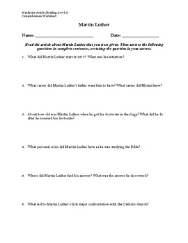 Preview of Martin Luther Article (Reading Level 2) Comprehension Worksheet