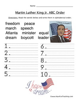 Preview of Martin Luther King Jr. ABC Order Worksheet