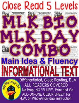 Preview of Martin Luther King BIO and MLK Day CLOSE READ LEVELED PASSAGES Main Idea Fluency
