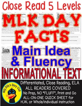 Preview of Martin Luther King DAY CLOSE READING LEVEL PASSAGES Main Idea Fluency Check TDQs