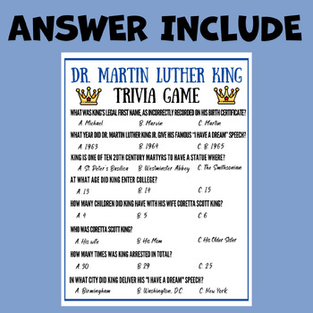 Preview of Martin Luther King Day Activities Trivia riddle Game Sub plans lesson Middle 7th