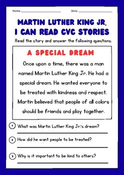 Martin Luther King Day CVC Decodable Short Stories with Questions