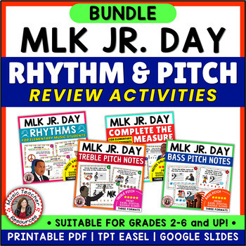 Preview of Martin Luther King Day Music Activities - Rhythm, Treble & Bass Clef Worksheets