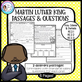 Preview of Martin Luther King Day Passages & Questions - RI.2.1, RI.2.2, RI.2.3 (Printable)