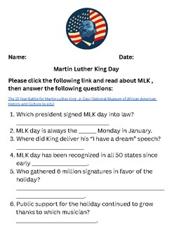 Preview of Martin Luther King Day Reading/Questions