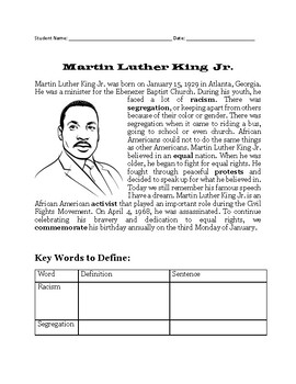 Martin Luther King Holiday Reading Activity by ESL SUPER TEACHER RESOURCES