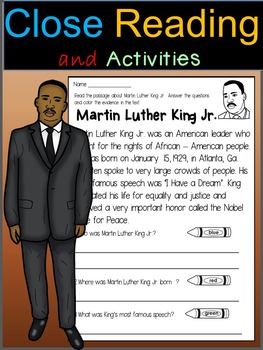 Preview of Martin Luther King Jr Reading Comprehension Passage and Activities