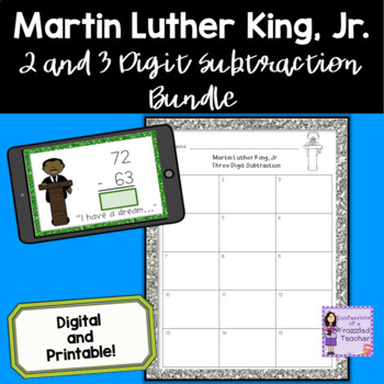 Preview of Martin Luther King Jr. Subtraction Bundle | 2 and 3 Digit Math Task Cards