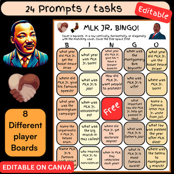Preview of Martin Luther King Jr. Bingo Game: 24 Unique Tasks, 8 Player Boards | EDITABLE