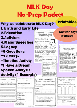 Preview of Martin Luther King jr Biography Activities, Reading Comprehension , Questions