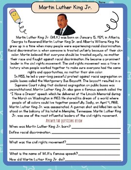 Preview of Martin Luther King Jr Biography Worksheet MLK Bio Reading Comprehension Q & A