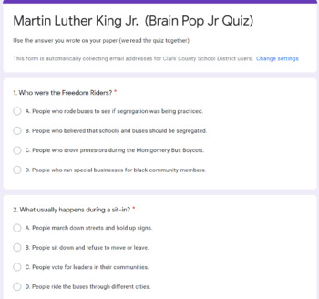 Preview of Martin Luther King Jr. (Brain Pop Jr. Quiz) 5 Questions