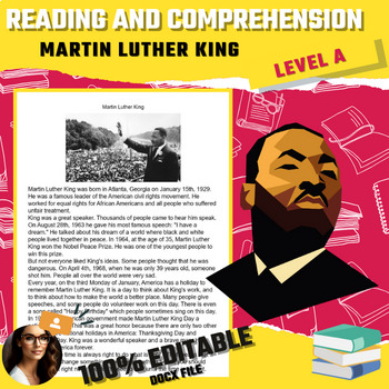 Preview of Martin Luther King Jr COMPREHENSION READING WITH 8 TRUE OR FALSE & 7 Q&A