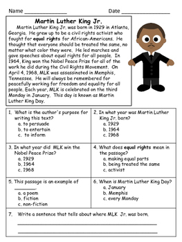 Martin Luther King Jr. Close Reading Passage and Reading Comprehension