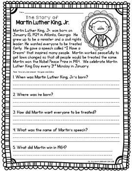 Martin Luther King, Jr. Coloring Book and Reading Comprehension Sheet