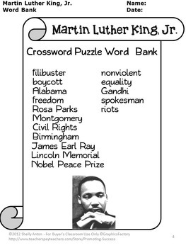 Black History Month Crossword Puzzle, Martin Luther King Activities