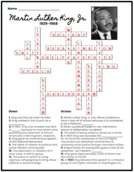 Martin Luther King Jr Crossword Puzzle TpT