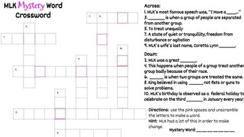 Martin Luther King Jr Day Crossword Puzzle by Helping Teachers I Love