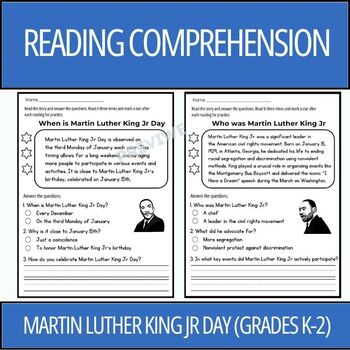 Preview of Martin Luther King Jr Day Holidays Reading Comprehension Passages (Grades K-2)