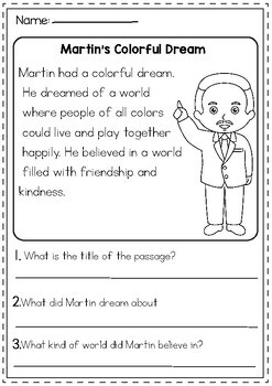 Martin Luther King Jr Day Holidays Reading Comprehension Passages K-2