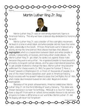 Martin Luther King Jr Day Reading by Lisa's Learning Shop | TpT