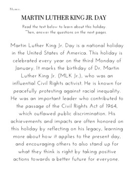 Preview of Martin Luther King Jr. Day Reading Comprehension Activity - Informational Text