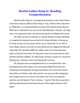 Preview of Martin Luther King Jr. Day Reading Comprehension Unit
