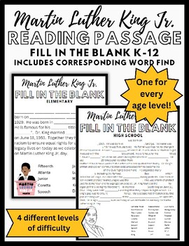 Preview of Martin Luther King Jr. Day Reading Passage Fill-in-the-Blank and Word Find K-12