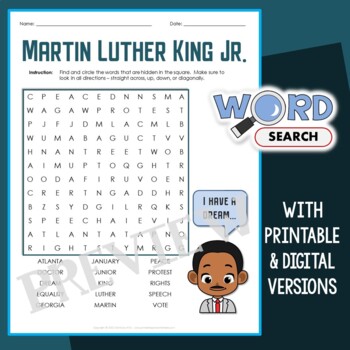 Preview of Easy Martin Luther King Jr Day Word Search Puzzle MLK Day 1st 2nd Grade Activity