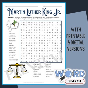 Preview of Martin Luther King Jr Day Word Search Puzzle, MLK Day 3rd 4th Grade Activity