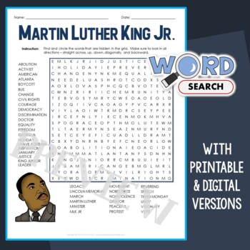 Preview of Hard Martin Luther King Jr Day Word Search Puzzle 4th 5th Grade Middle School