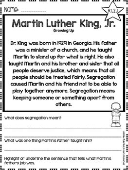 Martin Luther King Jr Facts No Prep Printables Non-fiction Passages