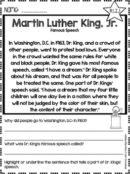 Martin Luther King Jr Facts No Prep Printables Non-fiction Passages