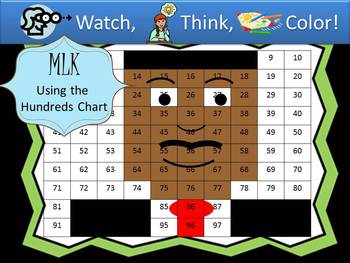 Preview of Martin Luther King Jr. Hundreds Chart Fun - Watch, Think, Color Game!