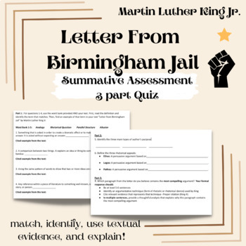 Preview of Martin Luther King Jr. - Letter from Birmingham Jail: Summative Assessment/Quiz 