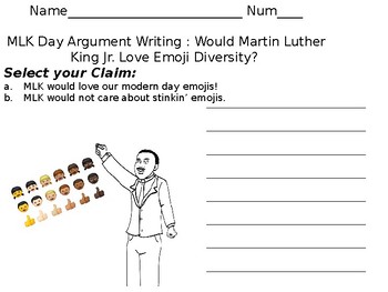 Preview of Martin Luther King Jr. MLK Argument Writing: Emoji Diversity