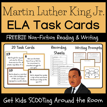 Preview of Martin Luther King Jr. MLK Reading & Writing Scoot Task Cards + Prompts FREEBIE