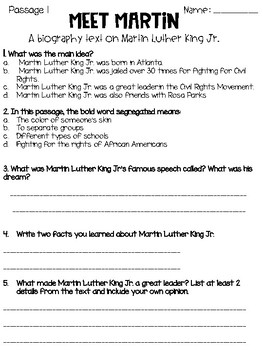 Martin Luther King Jr. [MLK] reading passage and questions - 4 levels