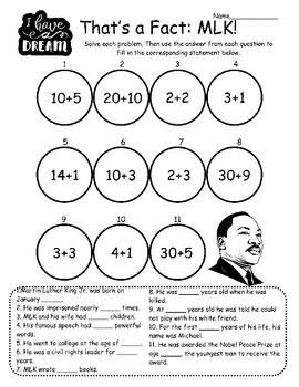 Preview of Martin Luther King Jr. Math Fact Worksheet