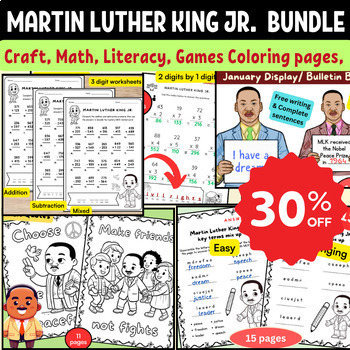 Preview of Martin Luther King Jr. Mega Bundle | Math, Craft, Coloring Pages, Reading, Games