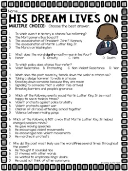 Martin Luther King Jr. Poems Worksheet with Comprehension Questions