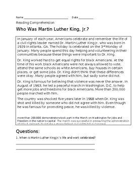 Preview of Martin Luther King, Jr. Reading Comprehension 3rd & 4th Printable Worksheet