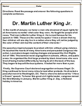 Martin Luther King Jr. Reading Comprehension by FaithTeachingAndOils